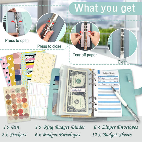 Budget Binder with Zipper Envelopes, Ginmlyda Cash Envelopes for Budgeting Money Saving Binder with Budget Sheets, Zipper PVC Pockets, Cash Envelo...