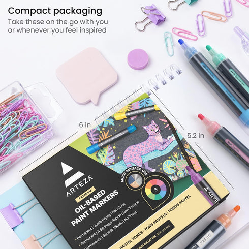 ARTEZA Pastel Oil-Based Markers, 8-Pack, 2.5 mm Line, Large Barrel, Quick-Drying Permanent Marker Pens with Bullet Nib, Craft and Art Supplies...