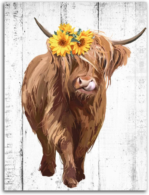 Sunflower Highland Cow Wall Art: Funny Farm Animal Canvas Picture Painting, Rustic Farmhouse Artwork Decor Bathroom Decoration, Cute Brown Cattle ...
