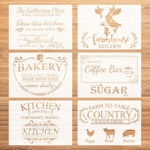 Farmhouse Kitchen Stencil for Painting on Wood,6 Pieces Farmhouse Kitchen Reusable Stencil,Bakery Sign Coffee Painting Templates for DIY Home Deco...