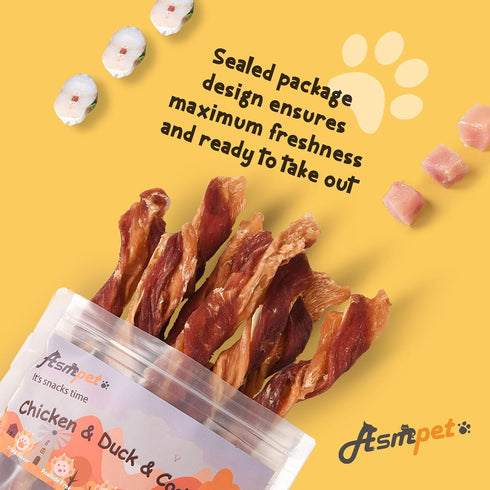 ASMPET Dog Triple-Flavor Treat Twists Stick, Non-rawhide Chicken Chews w/Fish & Duck, Nutritious All Natural Ingredients Dog Treats for Small, Med...