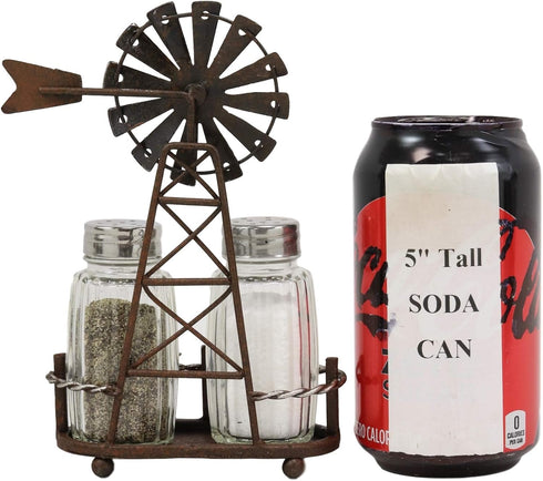 Ebros 6.5"Tall Rustic Country Farm Agricultural Windmill Outpost Salt And Pepper Shakers Holder Display Stand Set Western Kitchen Dining Home Deco...