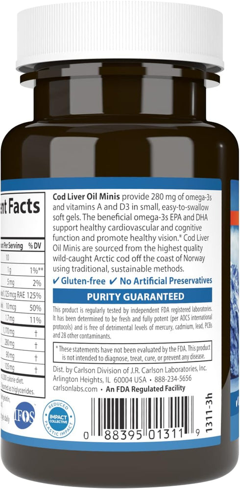 Carlson - Cod Liver Oil Minis, 280 mg Omega-3s + Vitamins A & D3, Heart Support & Cognitive Function, Vision Health, 100 Mini Softgels...