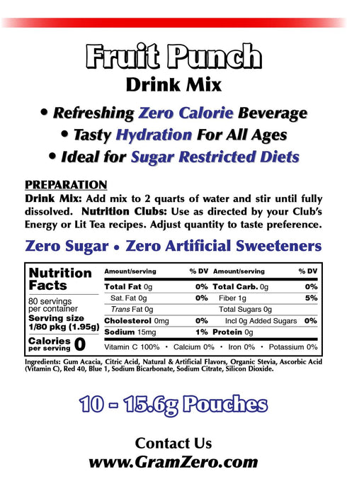 GramZero Fruit Punch, Sugar Free Drink Mix, Pitcher Pack, Great For Nutrition Club Loaded Tea, Zero Calorie, Stevia Sweetened...