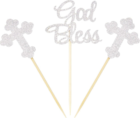 Ercadio Silver Glitter God Bless and Baptism Cupcake Toppers Cross Cupcake Picks Christian Party Decoration Supplies 24 PCS...
