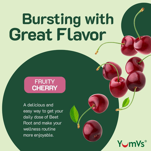 YumVs Beet Root Gummies with Tart Cherry Extract - Berry Flavor Beetroot Gummies - Beet Chews for Blood Circulation and Antioxidant Support - Red ...