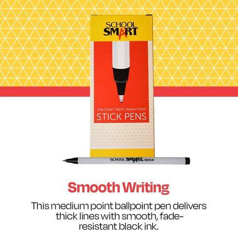 School Smart Round Stick Pen, Medium Tip, Black, Pack of 12...