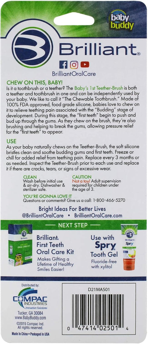 Brilliant Oral Care Baby’s First Toothbrush, Smooth Silicone Bristles Gently Clean Tender Teeth and Gums, for Ages 4+ Months, Green + Clear, 2 Pac...