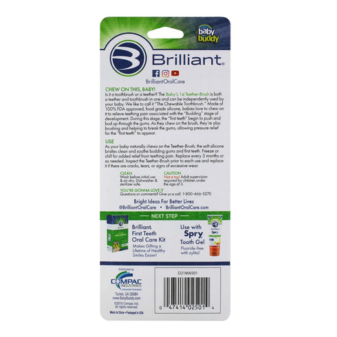 Brilliant Oral Care Baby’s First Toothbrush, Smooth Silicone Bristles Gently Clean Tender Teeth and Gums, for Ages 4+ Months, Blue, 2 Pack...