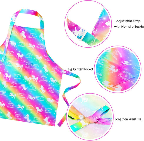 PASHOP 2 Pack Kids Apron Rainbow Unicorn Aprons With Pockets for Girls Boys Toddler Apron for Painting Cooking Baking...