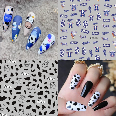 Cute Cow Nail Art Stickers, Cartoon Cow Nail Decals 3D Self-Adhesive Nail Sticker Design Holographic Cattle Nail Art Decal Decoration for Women Gi...