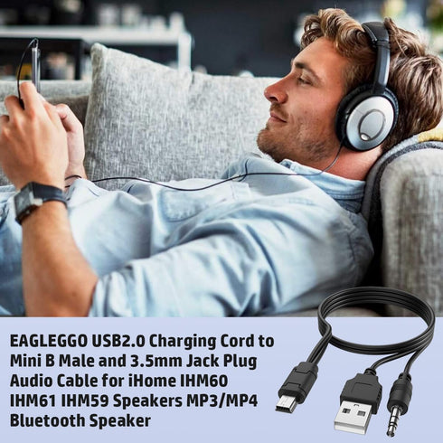 USB2.0 Charging Cord to Mini B Male and 3.5mm Jack Plug Audio Cable for iHome IHM60 IHM61 IHM59 Speakers MP3/MP4 Bluetooth Speaker (Mini USB)...