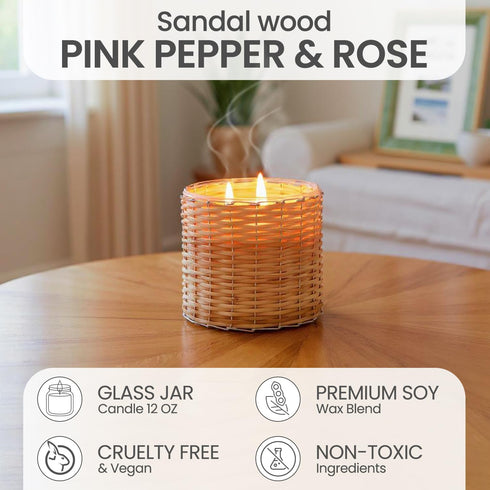 FIELD FLEUR Peony Blush Scented Candle – Luxury 12oz Soy Wax, 2-Wick Handwoven Glass Jar, Sandalwood,Pink Peppercorn with Rose Blooms & Jasmine– S...