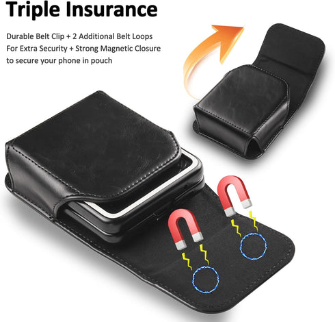 for Samsung Galaxy Z Flip 5/4/3 Phone Pouch Holster Belt Case, Leather Pouch with Belt Clip for Phone Holster Case for Motorola Razr Plus, Moto Ra...