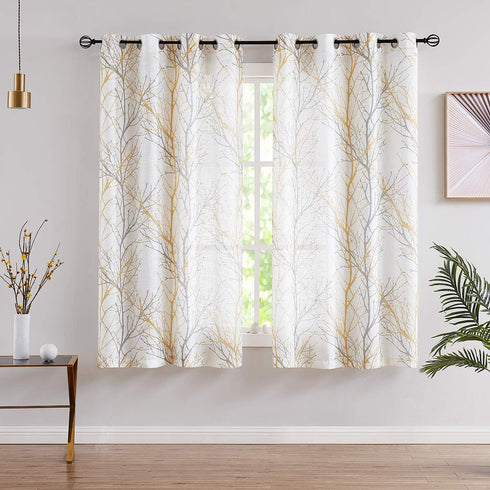 FMFUNCTEX Linen Semi Sheer Curtains for Bedroom, Yellow White Curtains 45 Inches Long for Living Room, Grey Tree Branch Print Curtain Light Filter...