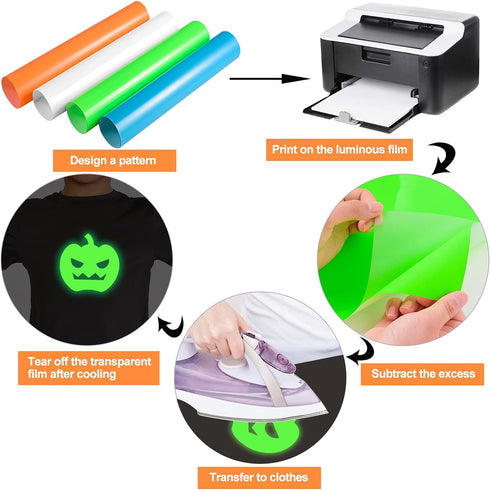 Glow in The Dark Vinyl Heat Transfer for Halloween, 12" x 10" PU Iron on HTV Vinyl Bundle Noctilucent Heat Press, Printable Halloween Glow Vinyl f...