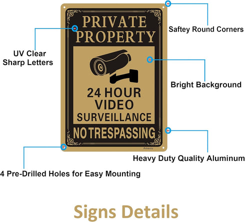 Private Property No Trespassing 24 Hours CCTV Camera Video Surveillance Warning Sign | 10" x 7" Rust Free Aluminum Easy Mounting Fade Resistance, ...