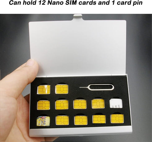 Aluminum SIM Card Case,Universal Waterproof Slim Mini SIM Card Slots Storage Case, Fit for 12 Nano SIM Card &1 Cell Phone Eject Pin Slots (Silver)...