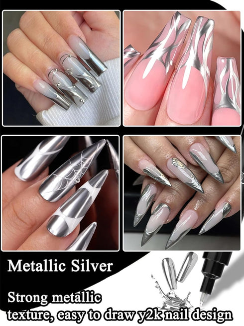 Metallic Chrome Nail Art Pens Mirror Powder Effect Gold Silver Nail Polish Pen for Beginners Nail Art 3D Metal Nail Painting Graffiti Pen at Home ...