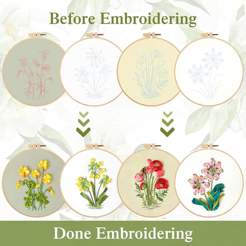 LOMOHOO 4 Sets Ribbon Flower Embroidery Kit for Beginners, Needlepoint Stamped Cross Stitch Starter Kits, Stitch Learning DIY Kit with Flower Patt...