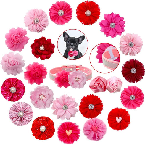20pcs Pink Rose Red Pet Dog Collar Attachment Flower Bows, Slide Small Dog Collar Bowties, Removable Dog Bowties for Holiday Festival Valentine's ...