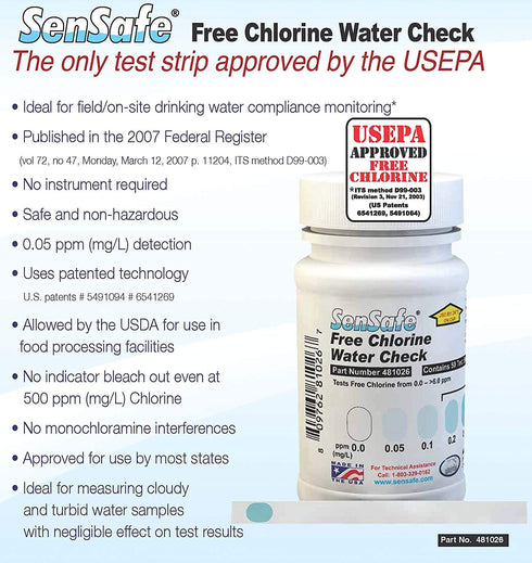 Industrial Test Systems SenSafe 481026 Free Chlorine Test Strip | USEPA Approved Method D99-003 | 0-6ppm | 0.05ppm Detection | No Bleach-Out | Bot...