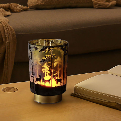 Eywamage Small Battery Operated Table Lamp, Forest Deer Mood Light with Remote, Cordless Glass Lamp for Bedroom Living Room Kitchen Entryway...