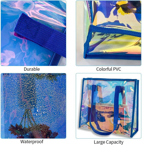 Iridescent Clear Tote Bag, Fashion Holographic Waterproof Beach Bag, Shoulder Handbag for Shopping, Gym, Travel...