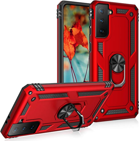 Military Grade Shockproof Case for Samsung Galaxy S21 FE, Red - Full Body Protective Phone Case with 360 Metal Rotating Ring Kickstand Holder Armo...