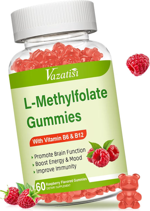 Sugar Free L-Methylfolate 15mg Gummies with Methyl B12, Folate Supplement for Mood, Brain Health, Immune Support - Raspberry Flavor, 60 Count...