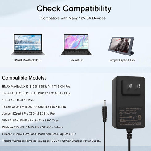 12V 3A Charger for Jumper Ezbook X3 X4 S4 2 3 3s 3l pro Jumper EZpad 6 Pro Chuwi HeroBook ubook AeroBook LapBook xidu Tour Pro 12.5 Trekstor Surfb...