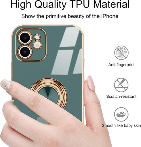 for iPhone 11 Phone Case with 360° Rotatable Finger Ring Holder Kickstand Magnetic Shiny Gold Plated Edge for Women Men Shockproof Soft TPU Protec...