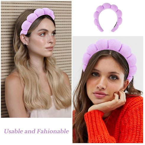 YISSION Purple Spa Headband & Wristband Set Puffy Skincare Headband & Wrist Bands for Washing Face Makeup Powder Puff Large Hair Claw Clips Sponge...