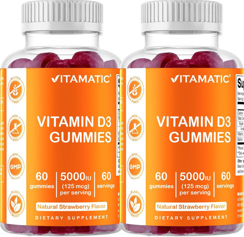 Vitamatic 2 Pack Vitamin D3 Gummies - 5000 IU Per Gummy - 60 Gummies - Great Taste - Healthy Bones, Teeth, Mood, Joint & Immune System Function (T...