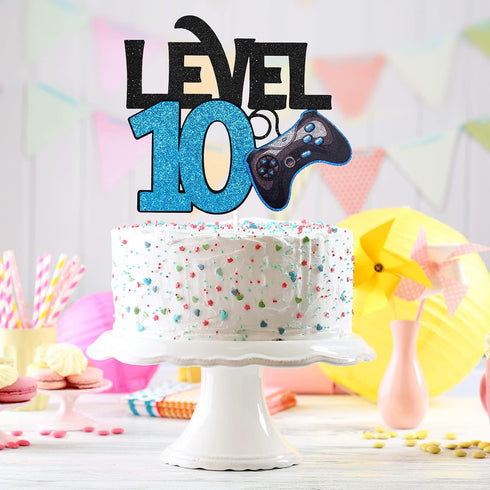 Level 10 Game Birthday Cake Topper - Video Game Boy's 10th Birthday Level Up Party Blue Cake Supplies - Game On Winner Gaming Party Decoration...