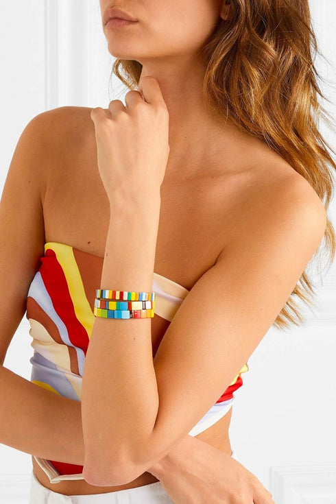 LENOOCLE Rainbow Enamel Tile Bracelet Colorful Enameled Beaded Stretch Bracelet Stackable Color-Block Strand Bracelet Set for Women Men...