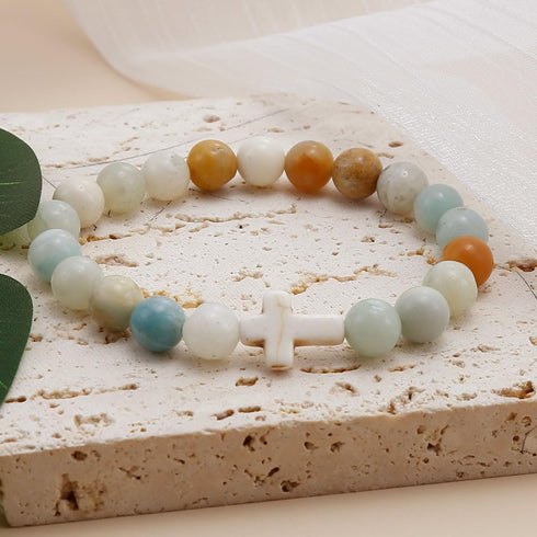COLOYAN Christian Cross Beaded Bracelet Religious Cross Bracelet 8mm Natural Stone Healing Stretch Bracelets for Women Men...