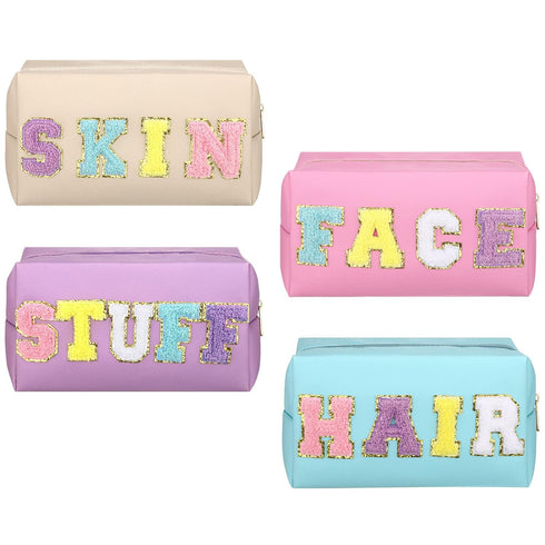 4 Pcs Large Chenille Letter Patch Makeup Bag Skin Stuff Hair Face Bag Preppy Patch Makeup Cosmetic Bag Toiletry Zipper for Women Teen Girl(Letters...