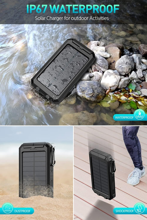 Power-Bank-Portable-Charger-Solar - 36800mAh Waterproof Portable External Backup Battery Charger Built-in Dual QC 3.0 5V3.1A Fast USB and Flashlig...