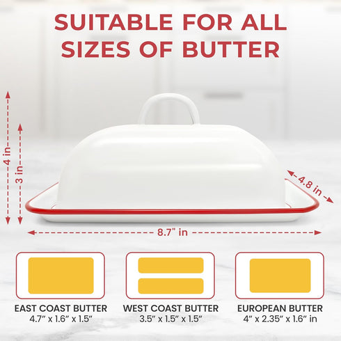 Vintage Farmhouse Red Rim Enamel Butter Dish - Vintage Retro Keeper for Kitchen, Countertop & Fridge – Unique Handmade White Container for West/Ea...