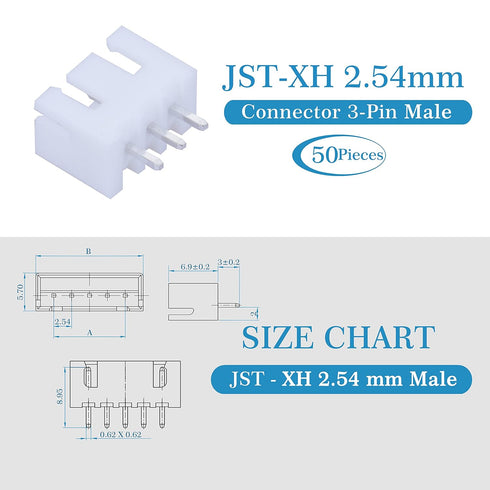 JST XH 2.54 mm Pitch 3-Pin JST Wiring Connecting IC Male Plugs, Female Sockets Housing and T-Shaped Crimp Terminal Connector Kit. 50 Sets/250 Piec...