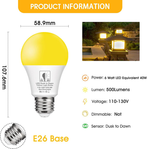 EvaStary Dusk to Dawn Yellow Bug Light Bulbs Outdoor, A19 LED Yellow Bulb for Porch Lights Outside, Auto On/Off 6W(40W Equivalent) 2000K Yellow Am...