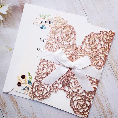 20PCS Laser Cut Wedding Invitations Cards 5“ x 7.28” Hollow Rose with Ivory Ribbons for Bridal Shower Engagement Birthday Graduation Invitation, B...