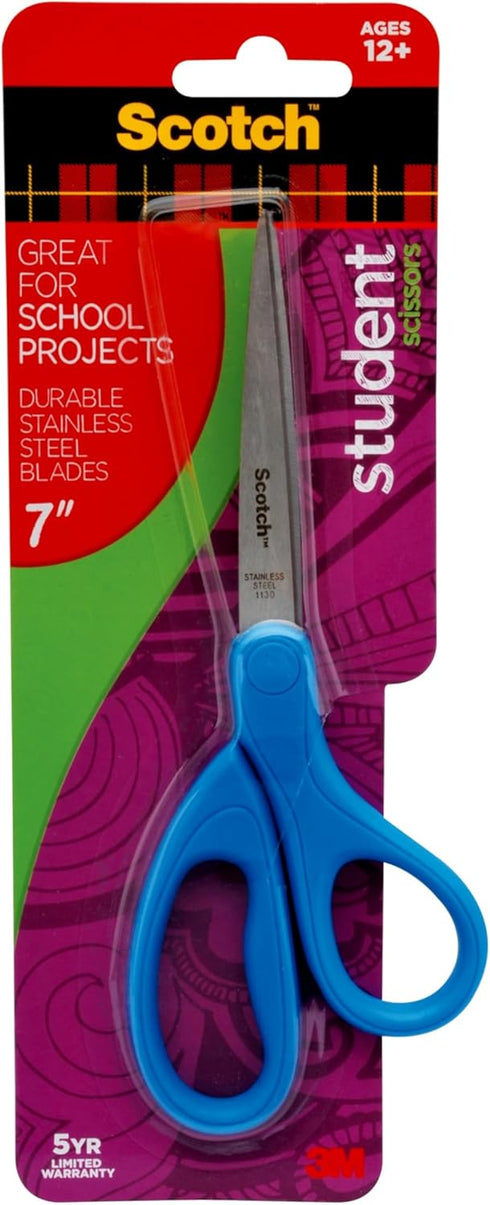 Scotch 7-Inch Student Scissors, Blue, Green, and Purple, Colors Vary, 6-Pack...