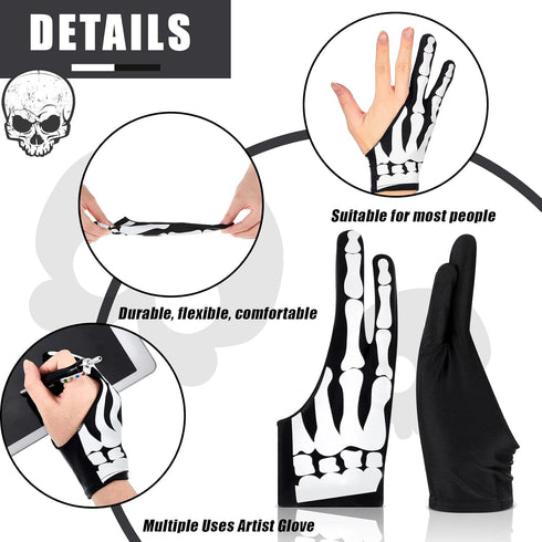 2 Pieces Skeleton Artist Glove for Drawing Tablet Glove for Graphics with 2 Finger Digital Tablet Drawing Glove Palm Rejection Glove for Pad Paint...