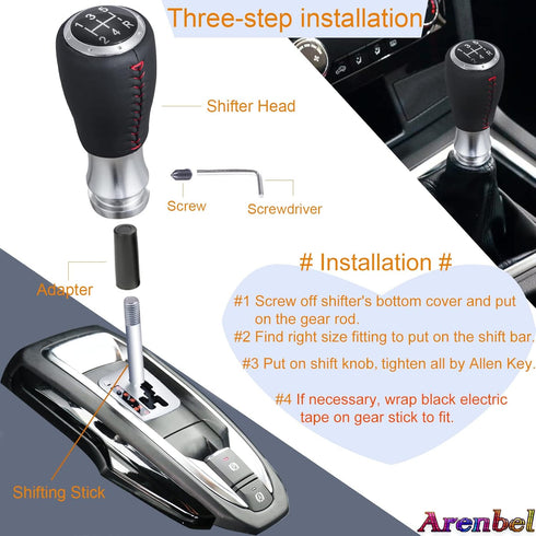 Arenbel 5 Speed MT Gear Shifter Stick Handle Replacement Red Stitched Leather Shift Lever Knob Fit Most Manual Cars, Black...