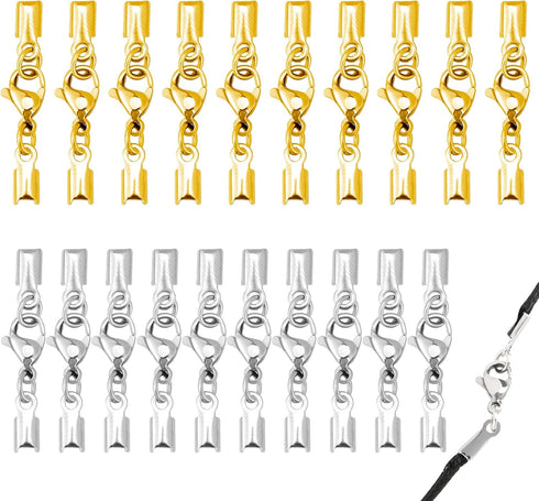 20 Sets Lobster Claw Clasps with Cord Ends Fold Over Cord End Caps Necklace Cord Ends with Lobster Clasp Connector for Ribbon Tassel Bracelet Neck...