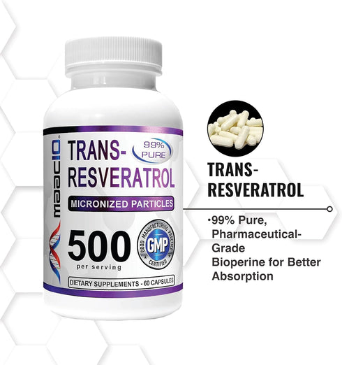 MAAC10 Trans Resveratrol 500mg Supplement (Micronized Pharmaceutical Grade 99% Pure Trans-Resveratrol Extract + BioPerine for Superior Absorption)...
