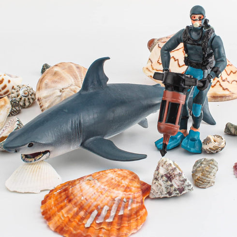 Ocean Sea Marine Animal Figure Toys Playsets 2 PCS Diver Blue Shark Model Toy Desktop Decoration Collection Party Favors Toys for Boys Girls Kids...