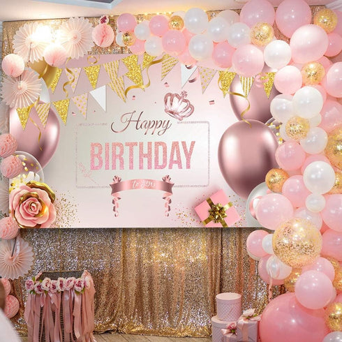 Happy Birthday Decorations Banner Large Rose Gold Balloons Backdrop Theme Poster for Girl Women Birthday Celebration Banner Party Supplies Photo B...
